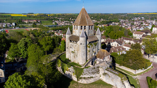 Aerial view of the Tour C&eacute;sar ("Caesar tower") in Provins, a medieval city in Seine et Marne, France - Octagonal dungeon with a square base on top of a hill