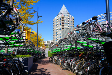 Many bicycles stacked on 2-level racks in a public bike parking at the Blaak subway station in...