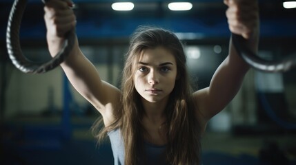Determined young woman exercising with gymnastics rings