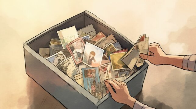 Illustration of hands opening a box full of memories