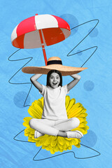 Creative retro 3d magazine collage image of happy funny lady tanning beach isolated colorful background
