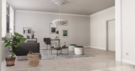 Camera moves around a room, revealing the gradual appearance of furniture and furnishings.