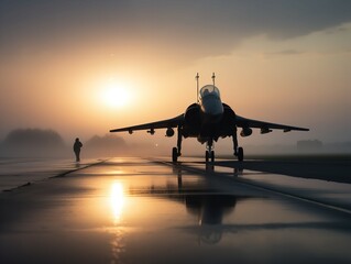 Stealth and Speed: Fighter Jet on Runway at Dawn