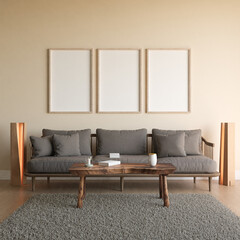 Realistic modern interior scene mockup. Reflective vertical frame. Set of 3 frames on a white background.