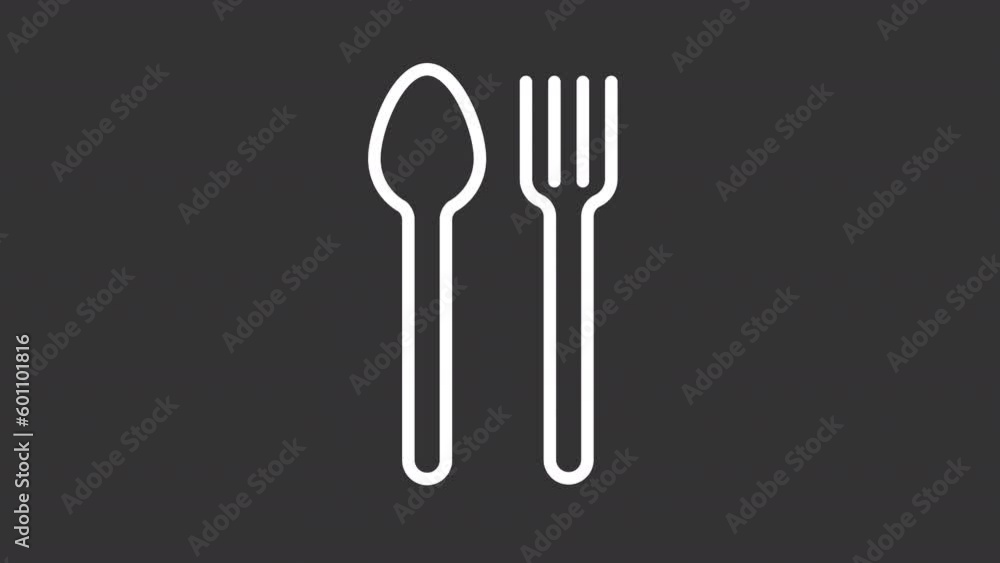 Poster animated spoon and fork white icon. cutlery crossed line animation. table setting. kitchenware. loop