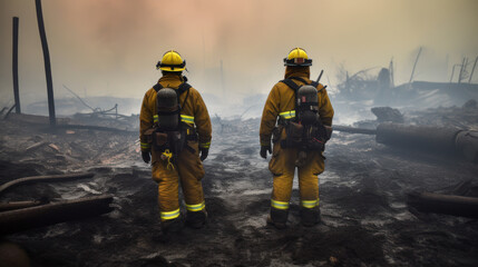 Fototapeta premium Strength and Resolve: American Firefighters in the Aftermath. Generative AI