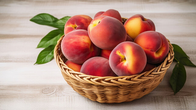 Bunch of ripe organic peaches in a wicker bowl, white wooden table background. Local produce fruits in a basket. Clean eating concept. Top view, close up, Generative AI