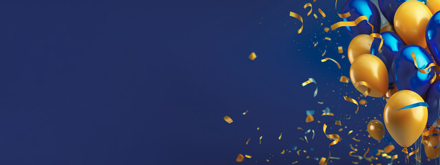 Blue and yellow balloons on a blue festive background with confetti and gifts. Banner, copy space. AI generation