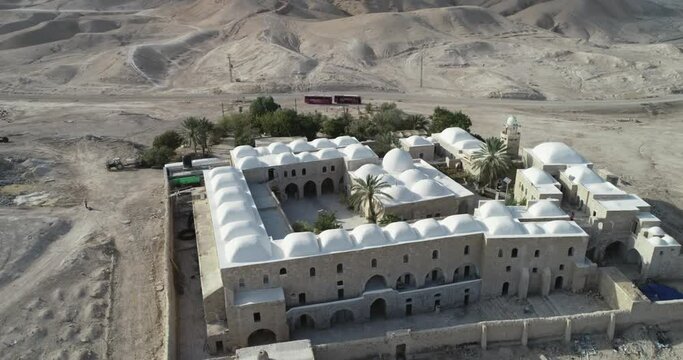 Nabi Musa Site and Mosque at Judean desert, Israel. Tomb of Prophet Moses. Drone