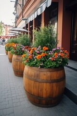 Fototapeta na wymiar illustration, city flowers in the big wooden pots on the street, ai generative.