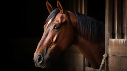 Head of the thoroughbred horse looking over the wooden stable doors. Close up, Generative AI