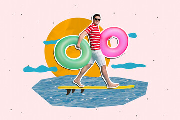 Artwork collage image of cheerful positive guy walk stand surf board hold inflatable ring water...