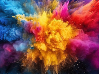 Obraz na płótnie Canvas Colored powder explosion. Abstract closeup dust on backdrop. Colorful explode. Paint holi, Generative AI