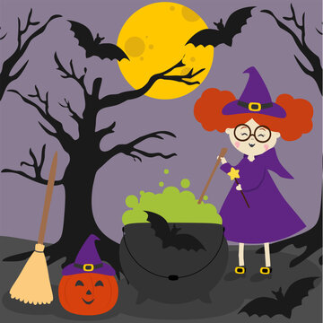 Halloween witch with a brew in cartoon style