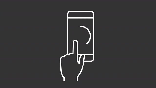 Animated finger touch white icon. Hand pressing screen line animation. Mobile phone. Check mark. Loop HD video with chroma key, alpha channel, transparent background. Outline motion graphic animation