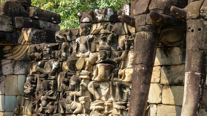 Sculpture on the wall of a temple in Angkor wat, in Cambodia