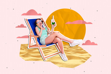 Creative 3d photo artwork graphics collage painting of happy lady talking gadget suntanning...