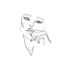Abstract woman portrait with hand, continuous line drawing, face of the girl is a single line on a white background, vector illustration. Tattoo, print and logo design for a spa or beauty salon.