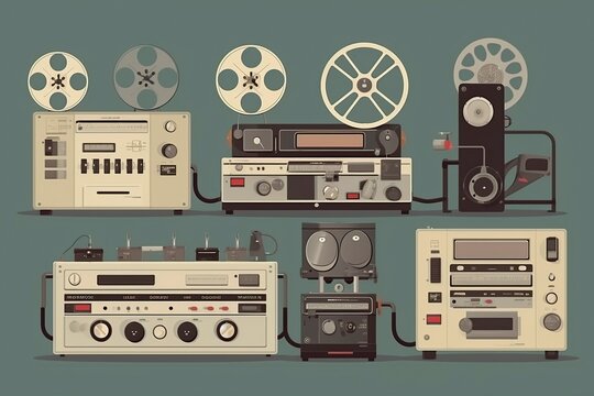 illustration, a set of old reel players and recorders, ai generative