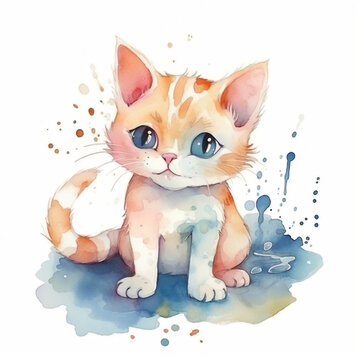 Cute watercolor cartoon cats set illustrations on white background. Perfect for stickers, wallpaper, poster decoration, Generative AI