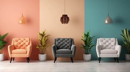 Collage of trendy armchairs in modern living room interiors