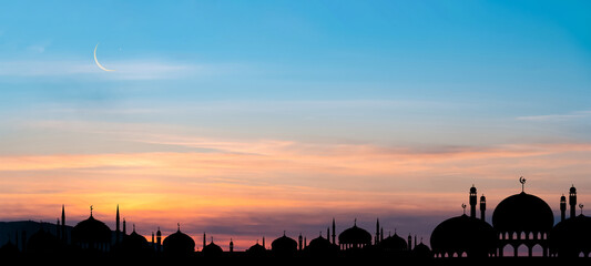 Islamic card with Mosques dome,Crescent moon on Sunset sky,  Ramadan Night with twilight dusk sky for Islamic religion,Eid al-Adha,Eid Mubarak,Eid al fitr,Ramadan Kareem,Islamic new year Muharram