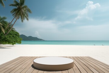 Serene Showcase: Empty Podium stage on a Tropical Beach to display summer product Generative AI Illustration