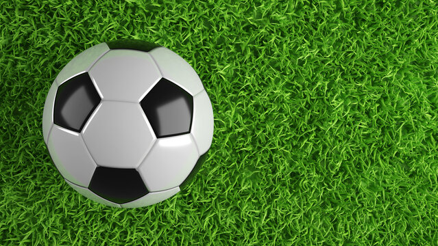 Top view of soccer ball on green grass. 3d-rendering