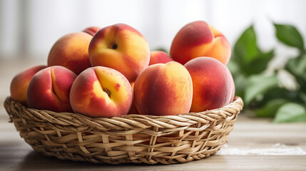 Bunch of ripe organic peaches in a wicker bowl, white wooden table background. Local produce fruits in a basket. Clean eating concept. Top view, close up, Generative AI