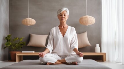 Senior woman meditating on bed at home - obrazy, fototapety, plakaty