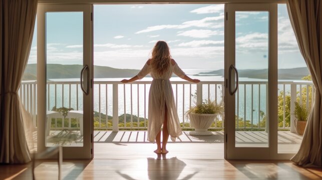 Young woman standing at sunny luxury patio door with ocean view