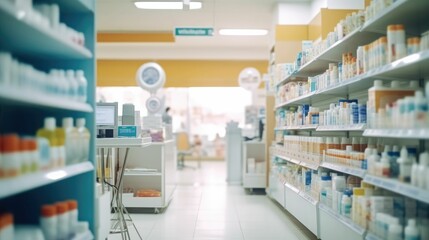 Blurred background of a drugstore - obrazy, fototapety, plakaty
