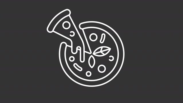 Animated pizza white line icon. Ingredients appear on margherita animation. Italian meal. Loop HD video with chroma key, alpha channel, transparent background. Outline motion graphic animation