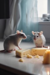 illustration, mice eating cheese in the kitchen, ai generative