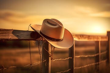 cowboy hat hanging on a wooden fence at sunset background. wild west culture. Generative AI