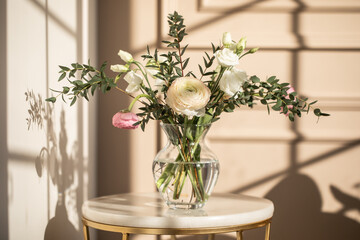 Bouquet of flowers in a glass vase on a light background. Eucalyptus and ranunculus.