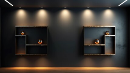 Three empty niches or shelves on black wall with LED spotlight - obrazy, fototapety, plakaty
