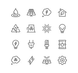 Set of energy types related icons, power station, solar cells, fossil fuels, renewable, turbine, ecology, lightning and linear variety vectors.