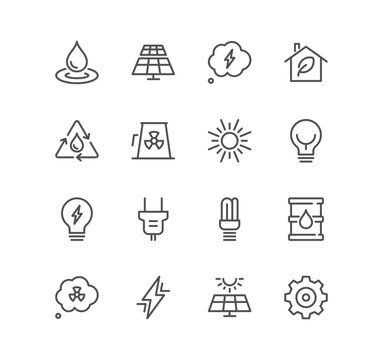 Set of energy types related icons, power station, solar cells, fossil fuels, renewable, turbine, ecology, lightning and linear variety vectors.