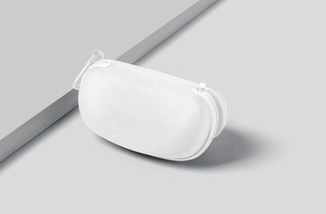 Blank white closed glasses case mockup, gray background, 3d rendering. Empty leather optical protector mock up, Clear accessory ocular cover or boxed for protection mokcup template. zipper. 