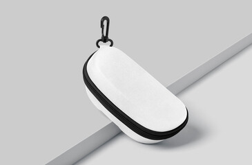 Blank white closed glasses case mockup, gray background, 3d rendering. Empty leather optical protector mock up, Clear accessory ocular cover or boxed for protection mokcup template. zipper. 