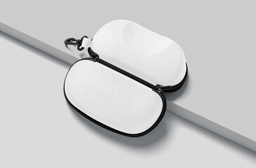 Blank white closed glasses case mockup, gray background, 3d rendering. Empty leather optical protector mock up, Clear accessory ocular cover or boxed for protection mokcup template. zipper. 