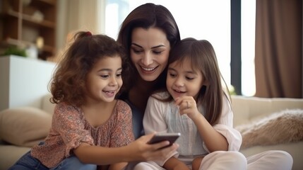 Happy mother and daughters using smart phone