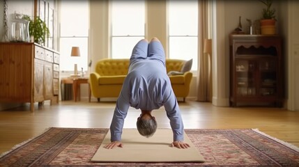 Mature man practicing headstand on bedroom rug