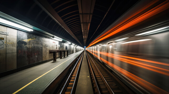 Subway tunnel with blurred light tracks with arriving train in the opposite direction. Generative AI