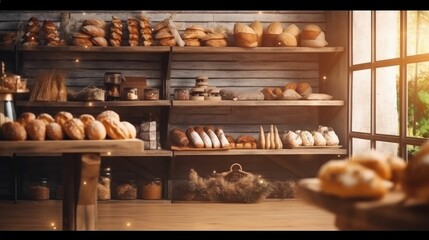 Blurred organic grocery and bakery store - obrazy, fototapety, plakaty