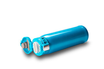 Blue glossy metal flask water bottle with open airtight plug lid isolated on white background with clipping path for outdoor sport, hiking, running or camping, fitness in horizontal format.