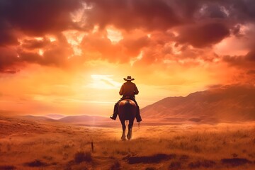 cowboy on a horse in a field rides at sunset background. wild west wallpaper. Generative AI - obrazy, fototapety, plakaty