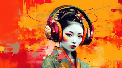 Geisha listening to music with headphones
