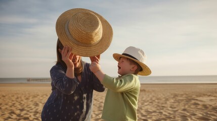 Curious son with Down Syndrome lifting mother's hat